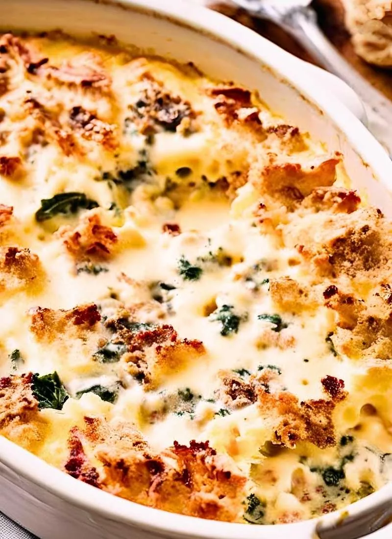 A close up of Zuppa Toscana Casserole fresh from the oven, with bubbling melted cheese forming a golden, crispy crust on top. The edges have a slight crunch, while the creamy, hearty filling peeks (1)