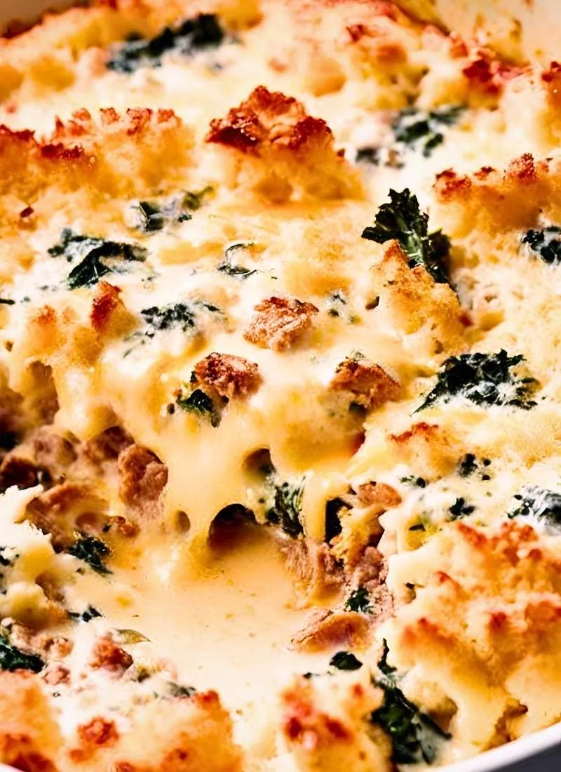 A close up of Zuppa Toscana Casserole fresh from the oven, with bubbling melted cheese forming a golden, crispy crust on top. The edges have a slight crunch, while the creamy, hearty filling peeks