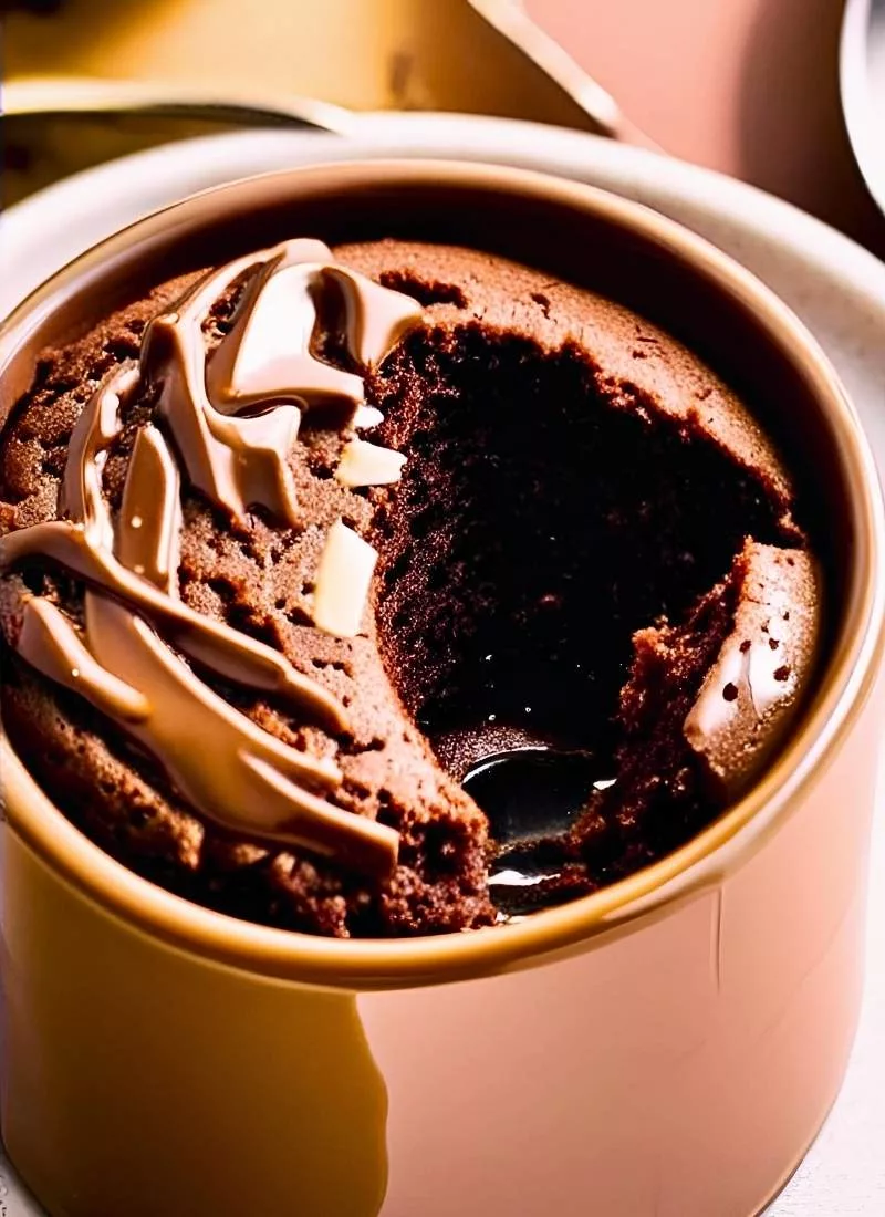 A close up of a chocolate mug cake with a slightly cracked top showing its rich fudgy texture ()