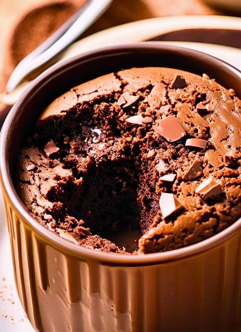 A close up of a chocolate mug cake with a slightly cracked top showing its rich fudgy texture