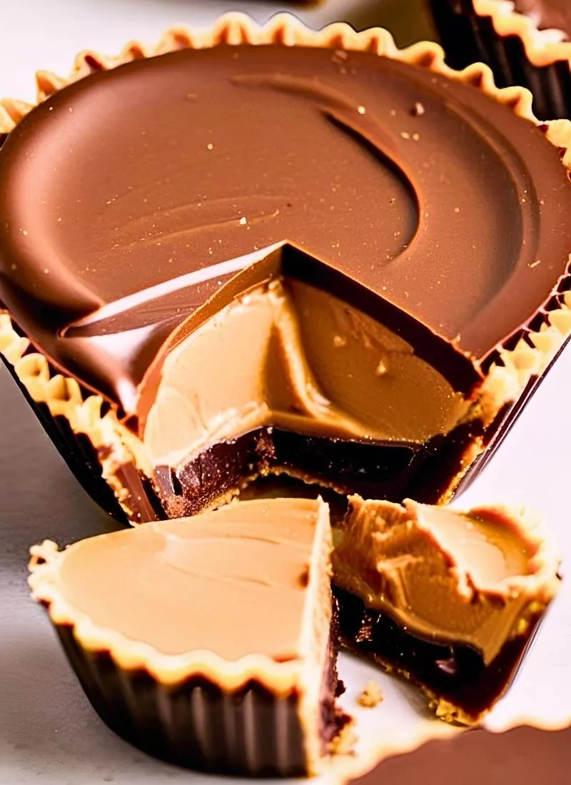 A close up of a homemade peanut butter cup cut in half showing the thick peanut butter center inside the chocolate shell