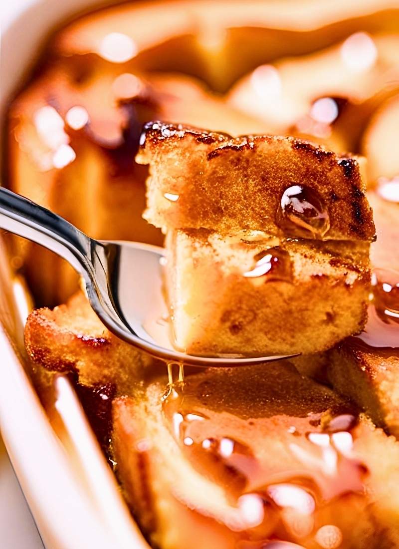 A close up of a spoon lifting a bite of sourdough French toast casserole showing the soft egg soaked sourdough with a golden crispy top No extra toppings just pure mouthwatering appeal