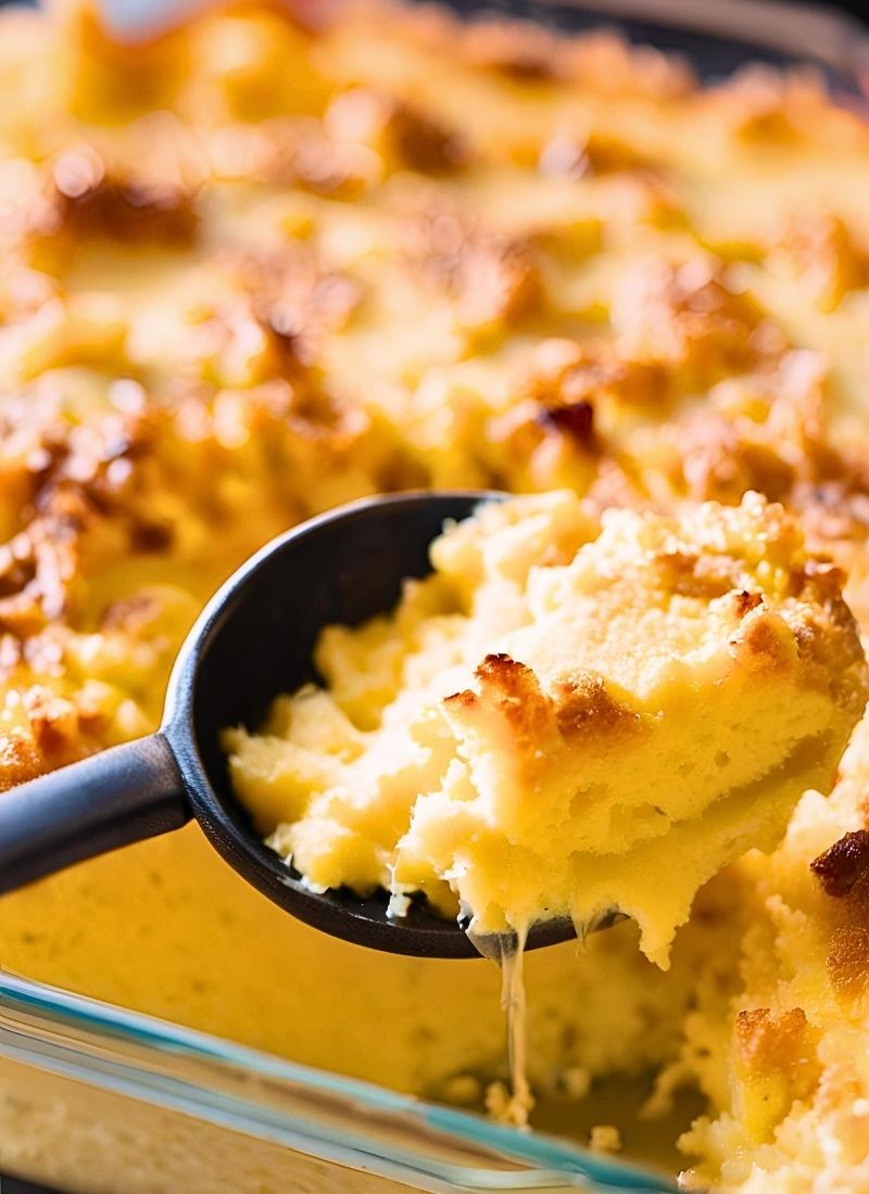 A close up of a spoon scooping cornbread casserole – revealing the moist, fluffy interior with a golden crust, perfectly capturing its comforting texture. (1)
