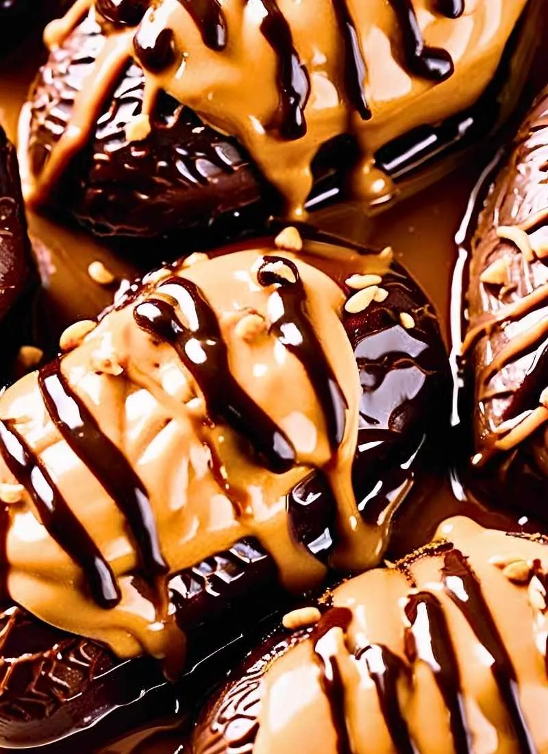 A close up of stuffed dates with peanut butter and chocolate, featuring a thick drizzle of glossy, melted chocolate cascading over creamy peanut butter filling. The rich, velvety chocolate contras