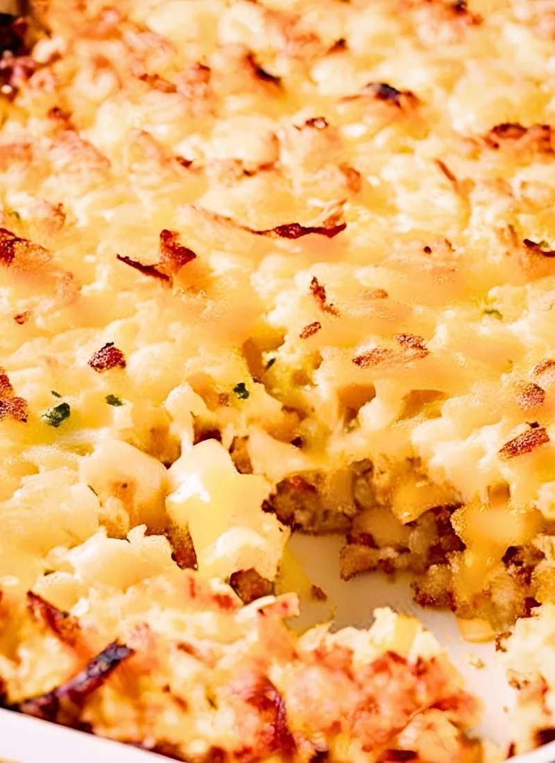 A close up shot of hash brown breakfast casserole fresh from the oven, with crispy, golden brown hash browns on top. The edges look slightly crunchy, while the cheese beneath is gooey and melted,