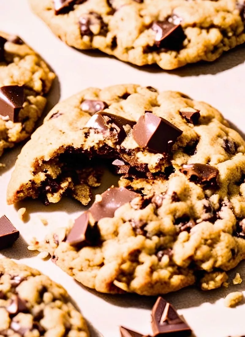 A half broken oatmeal chocolate chip cookie in focus, revealing the gooey melted chocolate oozing from the center. The texture of the chewy oats and crisp edges is clearly visible, making the cook