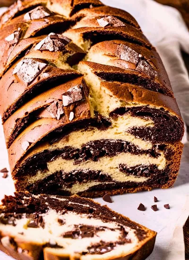 A half sliced Chocolate Sourdough Bread loaf, revealing a soft, airy crumb with gooey melted chocolate pockets inside. The contrast between the crisp crust and the fluffy interior makes it look fr (1)