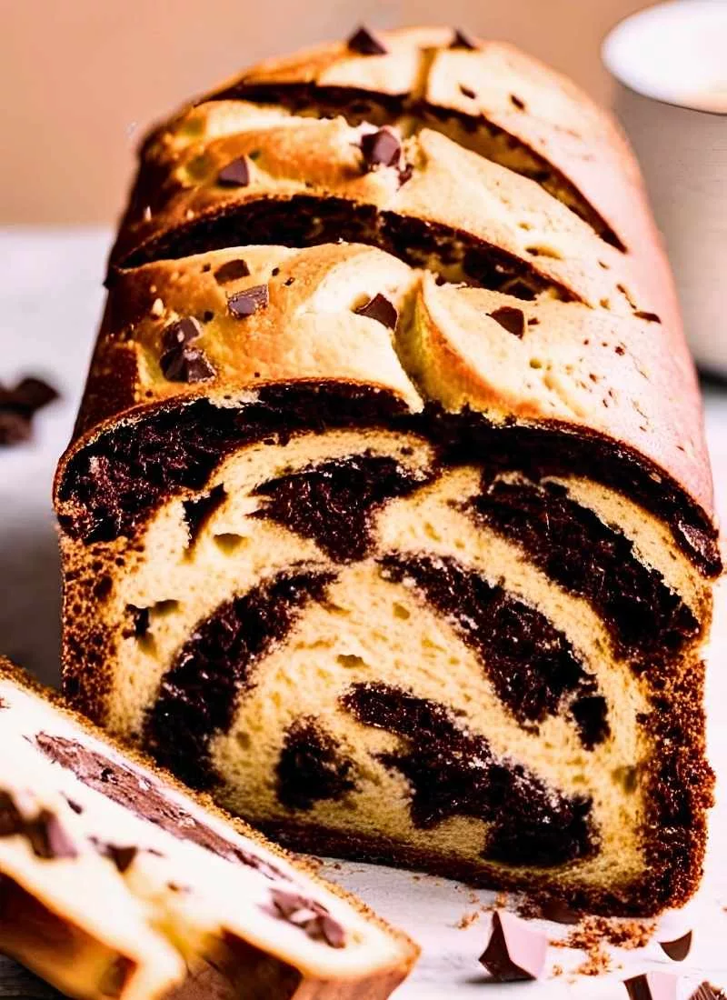 A half sliced Chocolate Sourdough Bread loaf, revealing a soft, airy crumb with gooey melted chocolate pockets inside. The contrast between the crisp crust and the fluffy interior makes it look fr