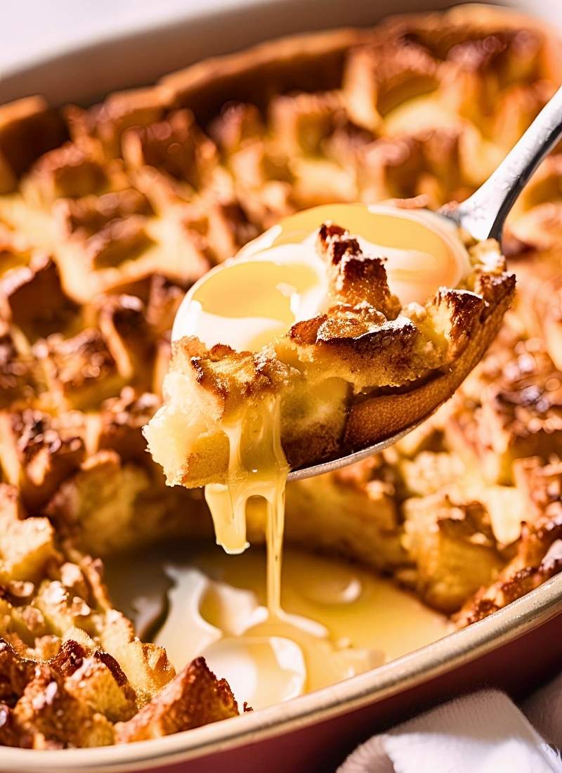 A spoon lifting a warm slice of french toast casserole – focus on the fluffy, baked texture with crispy edges and soft, egg soaked center, capturing the warm, rich tones of the dish.