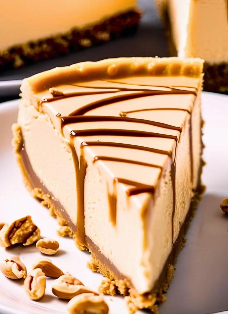 A thick velvety slice of peanut butter cheesecake with a smooth glossy peanut butter swirl on top The rich dense cheesecake filling is nestled over a buttery golden brown graham cracker crust