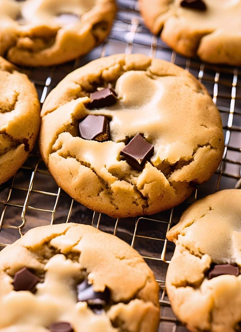 Close up of freshly baked cookies with crisp golden edges – the perfect balance of soft and chewy texture, with a slightly cracked surface revealing the gooey center.
