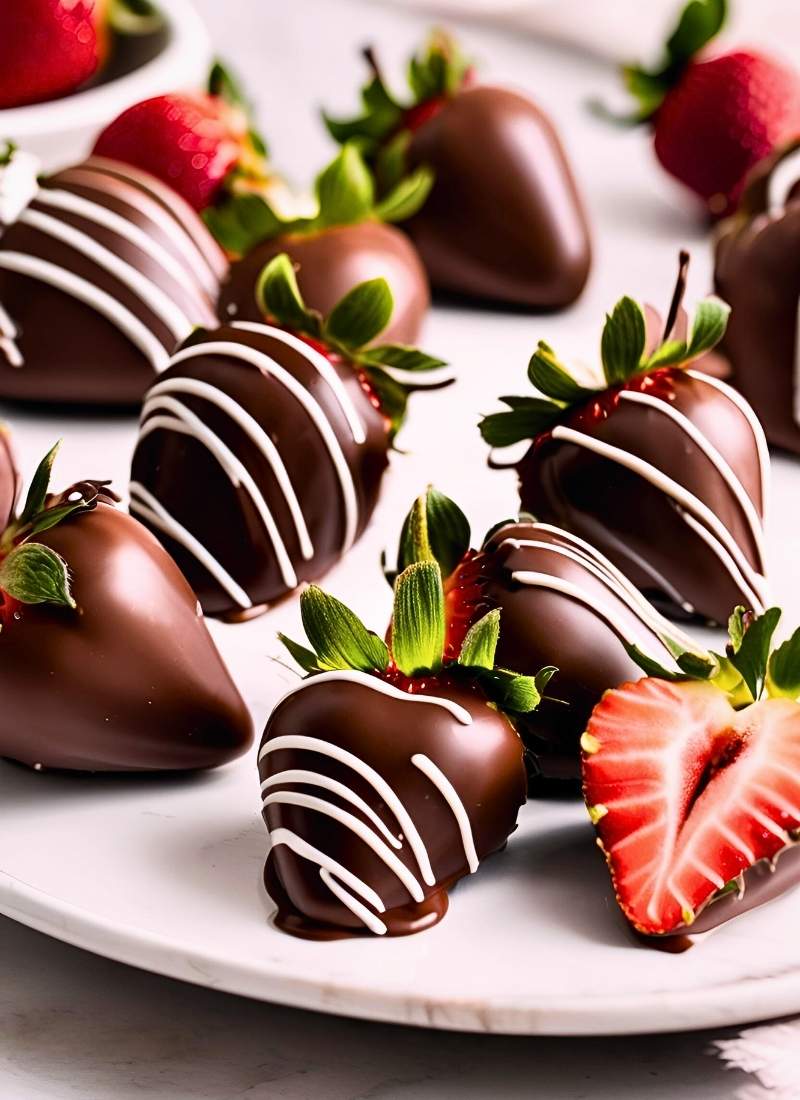 Close up of glossy chocolate covered strawberries on a white plate – fresh, ripe strawberries coated in a smooth, rich chocolate shell, with a natural sheen and slight chocolate drizzle. (1)
