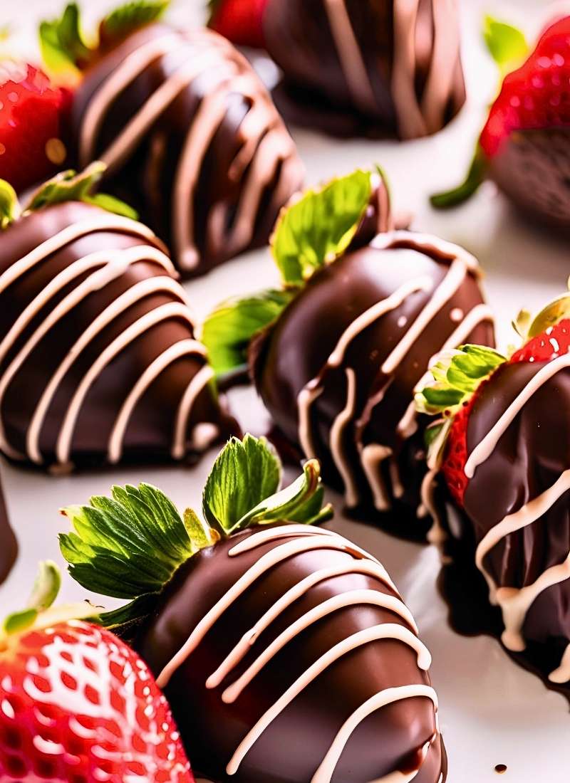 Close up of glossy chocolate covered strawberries on a white plate – fresh, ripe strawberries coated in a smooth, rich chocolate shell, with a natural sheen and slight chocolate drizzle.