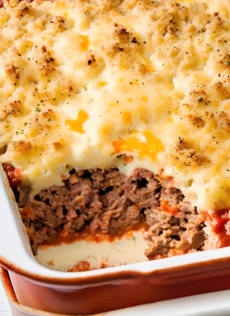 Close up of meatloaf casserole showing layers of seasoned ground beef creamy mashed potatoes and melted cheese with a golden brown crust No garnish no artificial shine