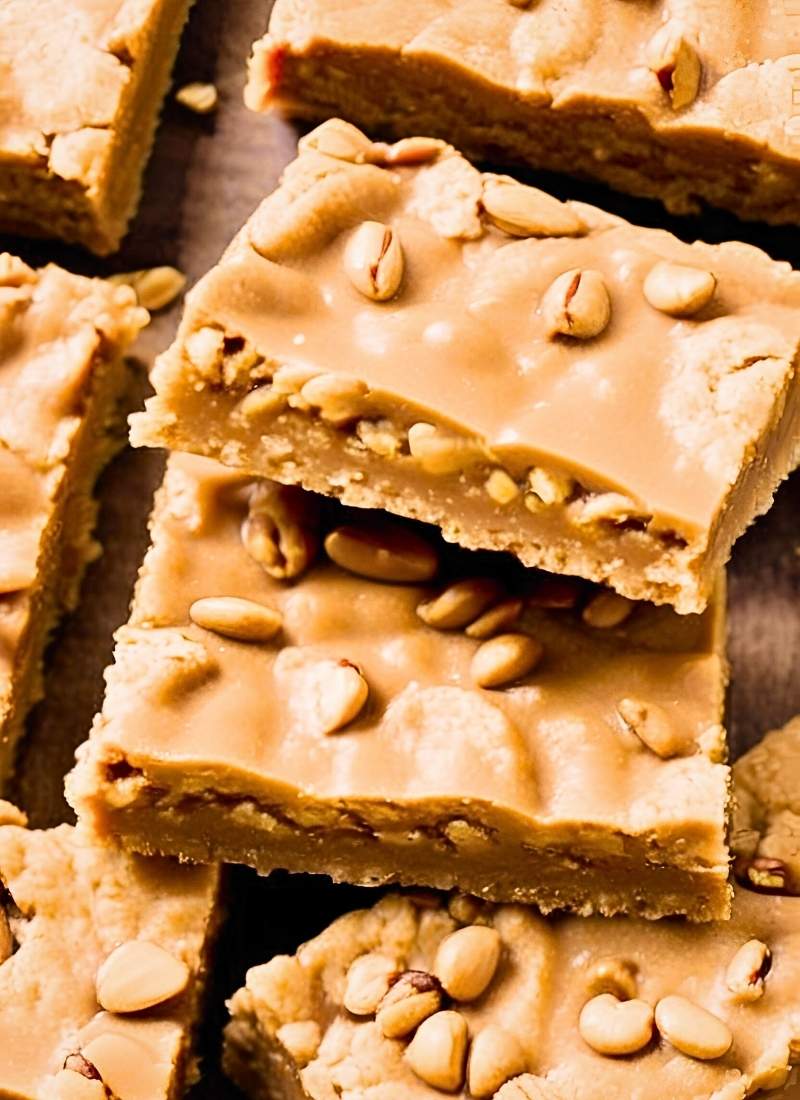 Close up of oatmeal peanut butter bars showcasing their thick chewy texture with visible oats and a smooth peanut butter layer on top No garnish no artificial shine