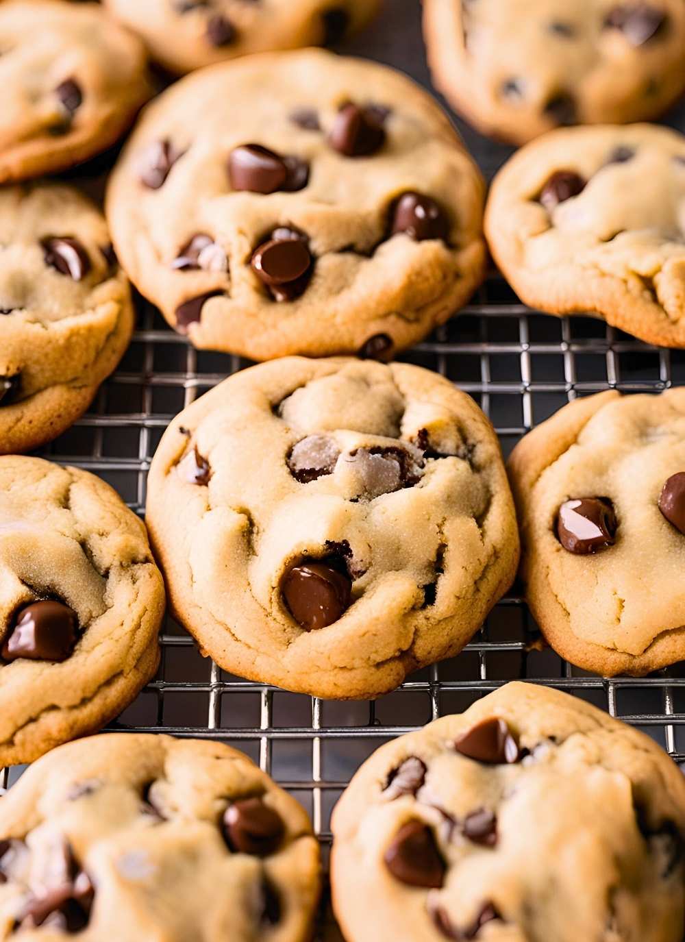 Freshly baked chocolate chip cookies on a cooling rack