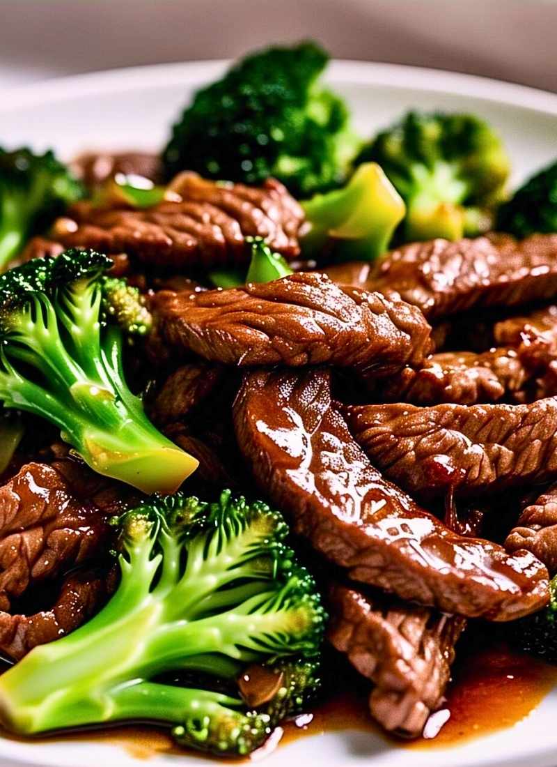Juicy beef and broccoli stir fry on a white plate – a close up shot showcasing tender beef strips coated in a rich, glossy sauce, paired with vibrant green broccoli florets. (1)