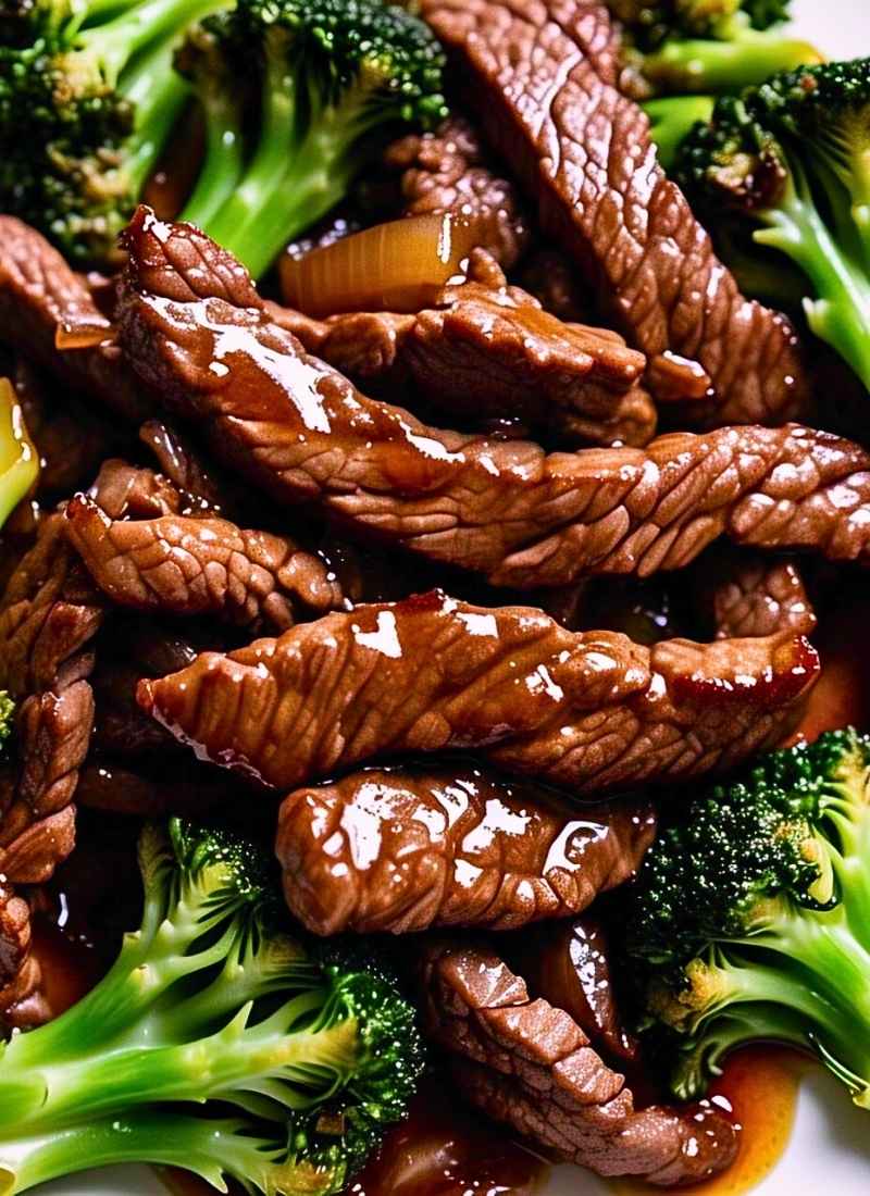 Juicy beef and broccoli stir fry on a white plate – a close up shot showcasing tender beef strips coated in a rich, glossy sauce, paired with vibrant green broccoli florets.