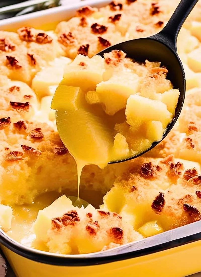 Spoon lifting a scoop of Pineapple Casserole from the baking dish – Showcases the soft custard like filling with juicy chunks of pineapple and a crispy buttery topping