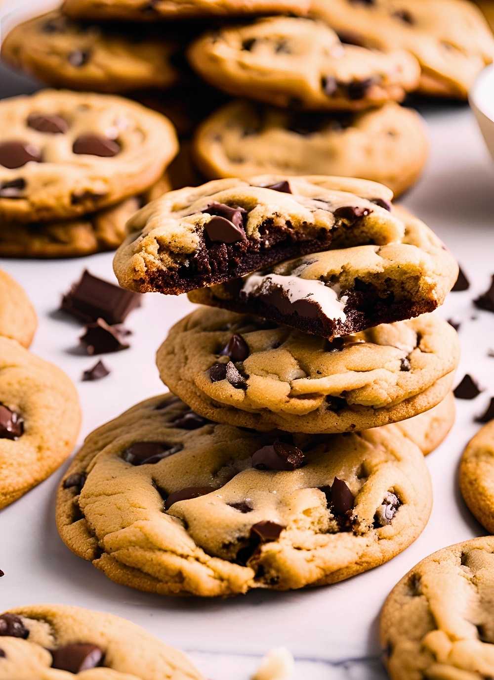 Stack of chocolate chip cookies with gooey chocolate
