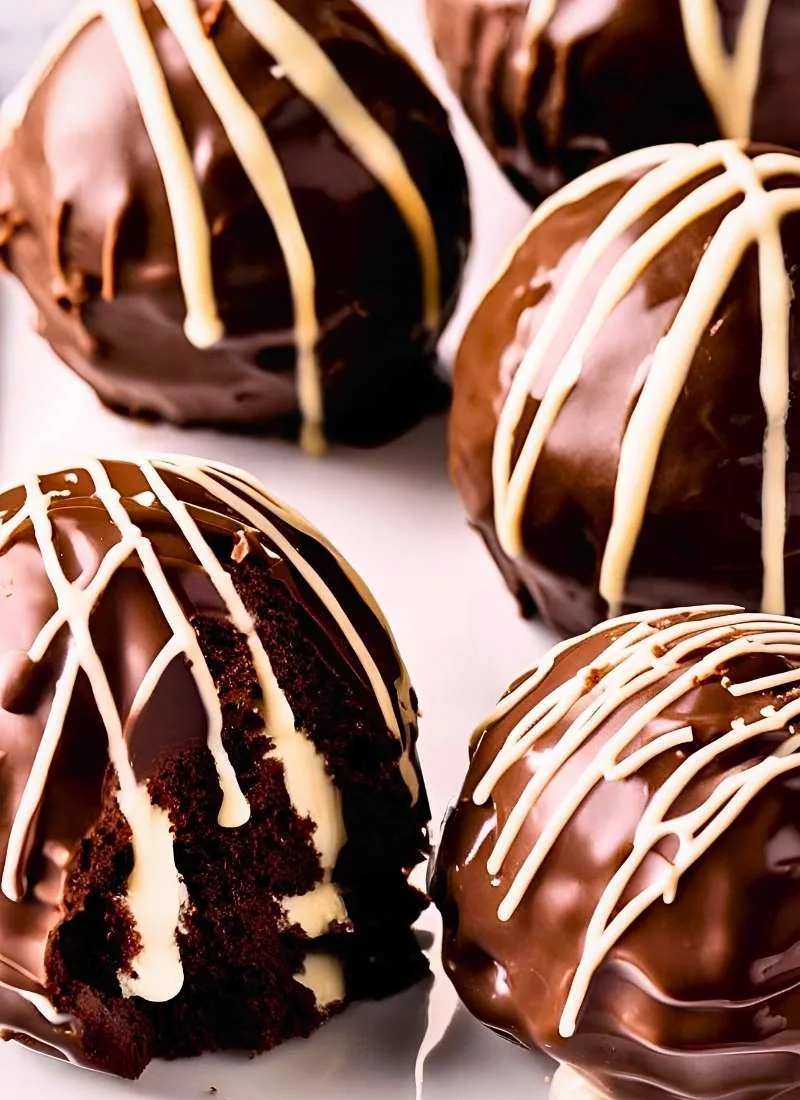 Triple Chocolate Cake Balls – Close up of rich triple chocolate cake balls with a thick slightly glossy chocolate coating Cracks on the shell expose layers of dark milk and white chocolate R