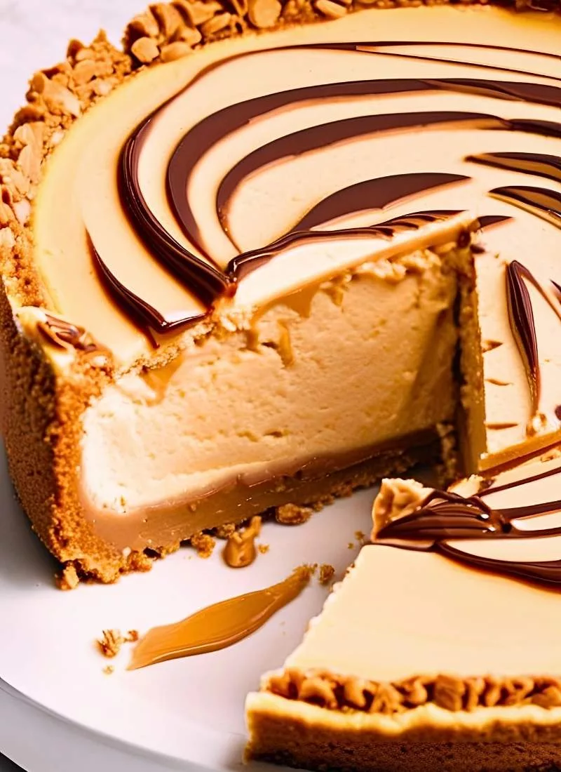 Whole cheesecake with a clean slice removed – A full peanut butter cheesecake with one perfect slice missing showing the luxuriously thick filling and a golden slightly crisp crust The peanut